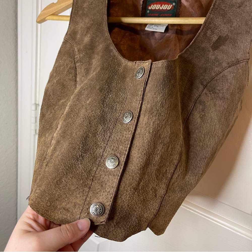 VTG JouJou Brown Genuine Leather Scalloped Vest Sz M Rodeo Equestrian Festivial - Picture 3 of 8
